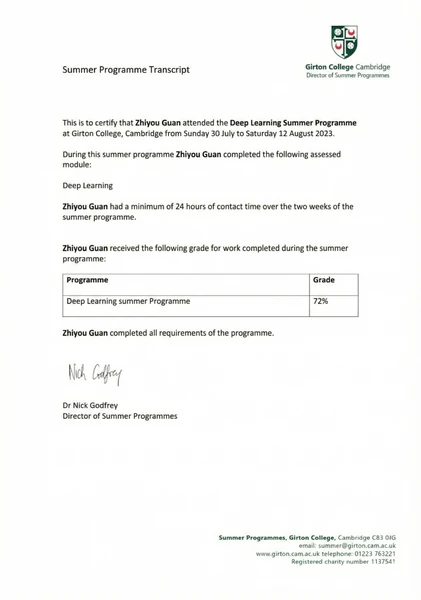 Deep Learning Summer Programme · Girton College, Cambridge certificate